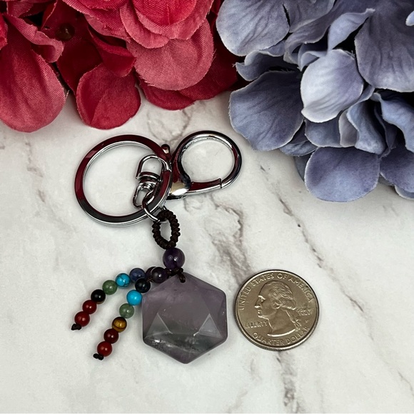 Natural Amethyst Hexagon Stone with Rainbow Chakra Keychain Charm - Picture 13 of 16